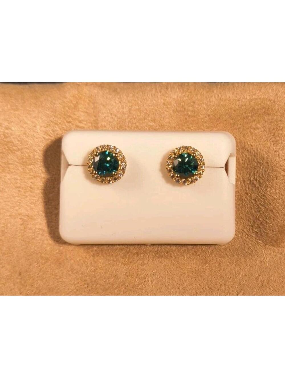 Green Moissenite Center With Moissenite Halo 10k Gold Over .925 SS Earrings